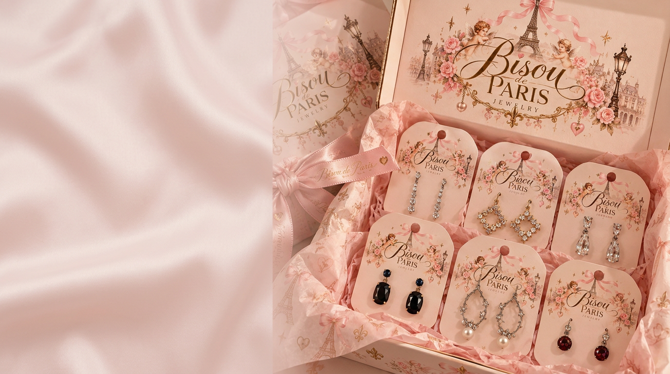 Bisou de Paris crystal and pearl earrings nestled in pink tissue and Parisian gift packaging